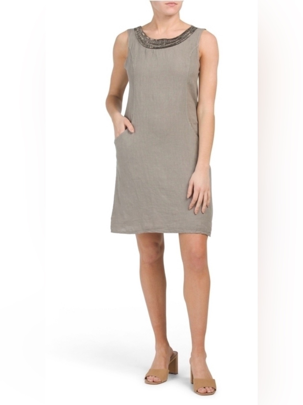Lina Tomei Sleeveless Beaded Collar Linen Shift Dress - Taupe | Size L